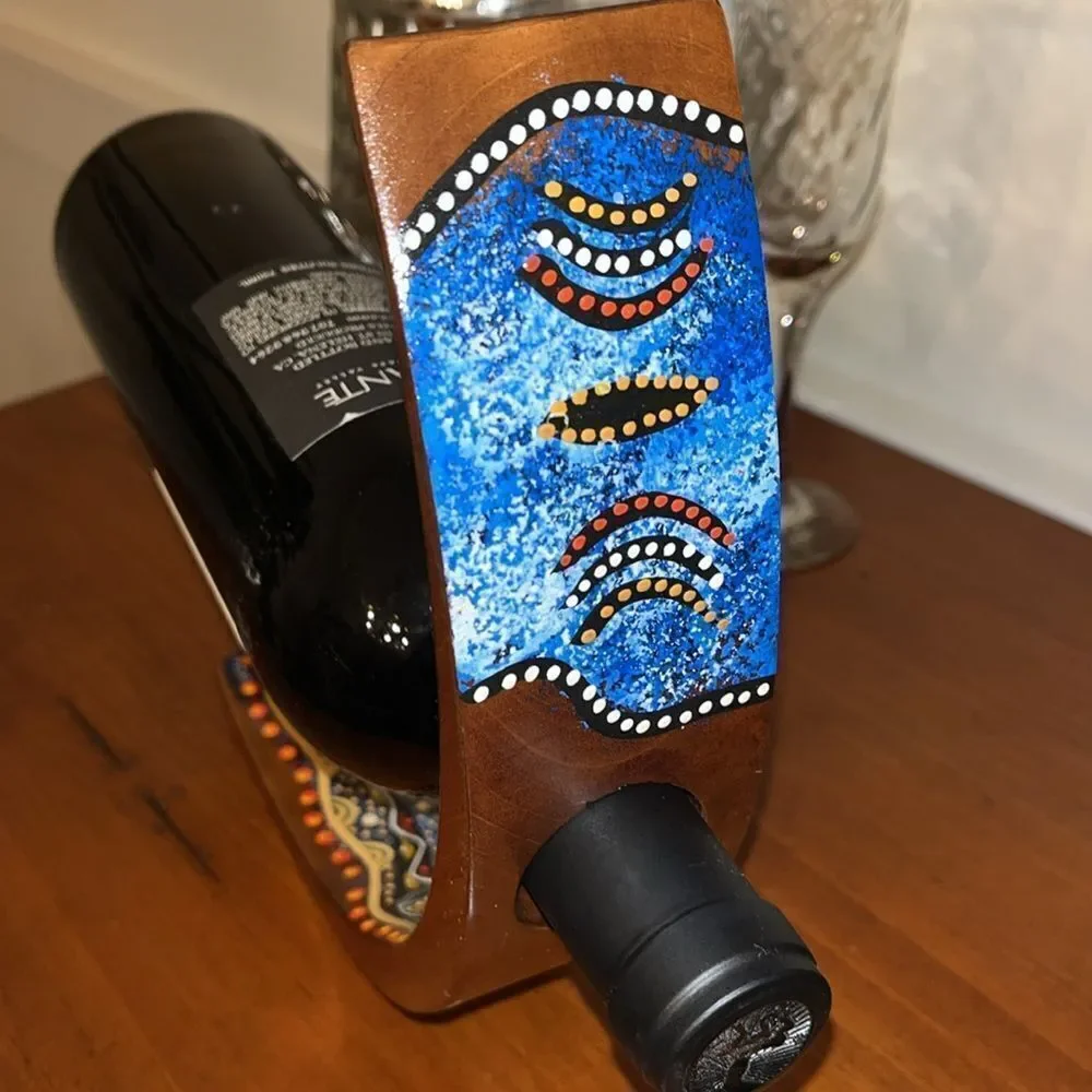 Wooden Wine Bottle Holder Dot Art Paint Australian Bomerang Style Balance Boomri